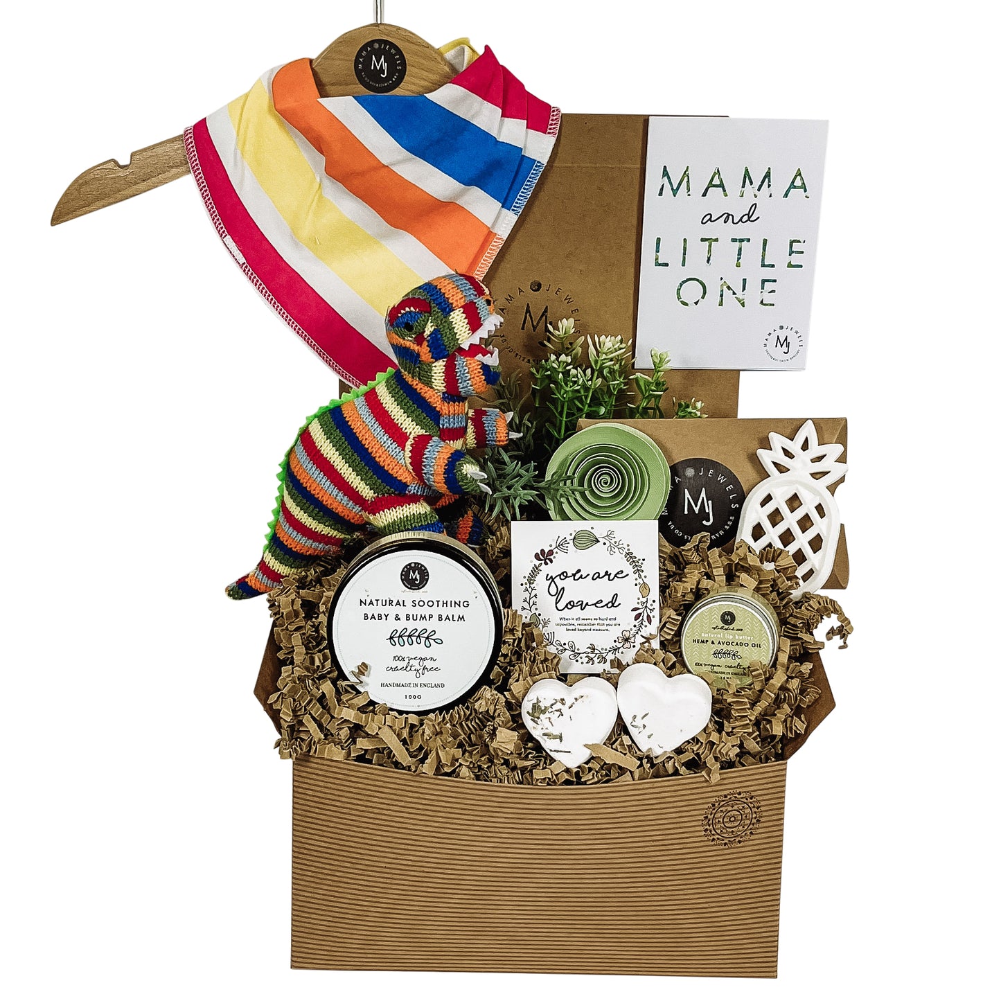 Mum and baby knitted rainbow dinosaur gift hamper gender neutral image 4