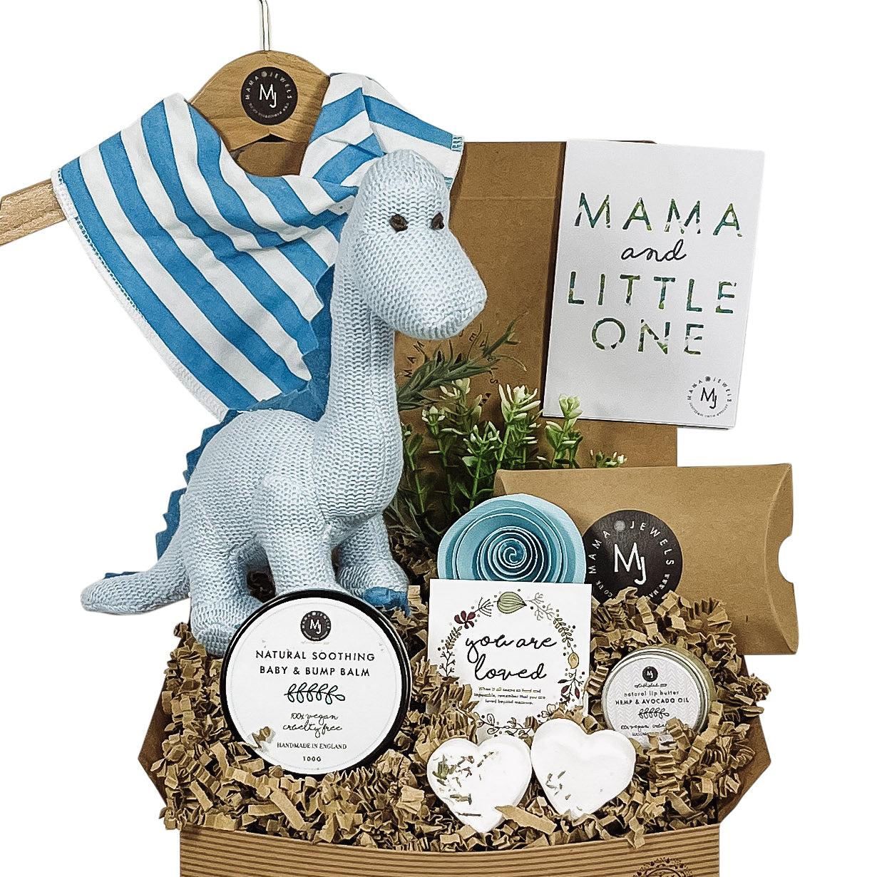 Mum and baby boy vegan gift hamper knitted blue dinosaur image 0