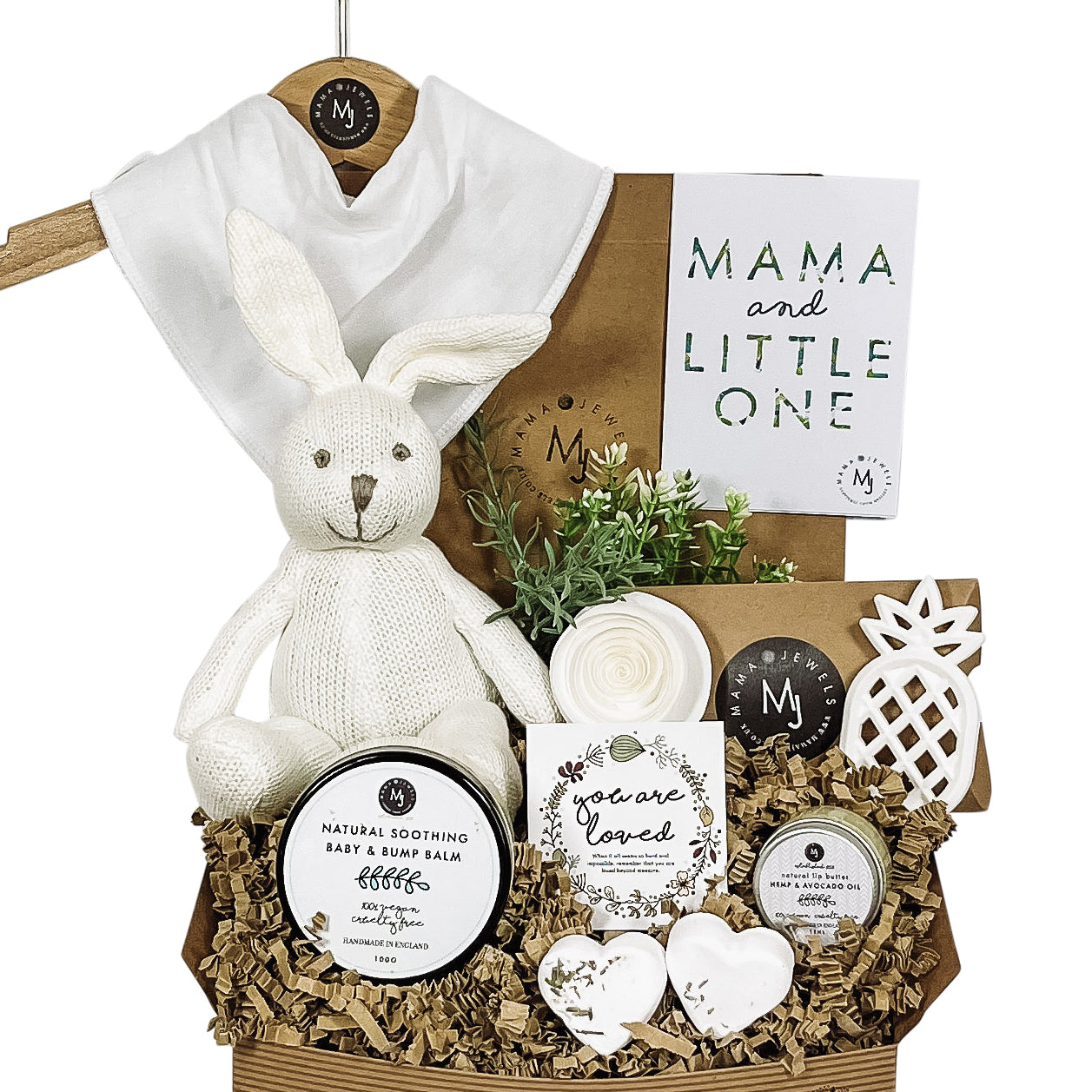 Mum and baby gift hamper green gender neutral knitted bunny image 0