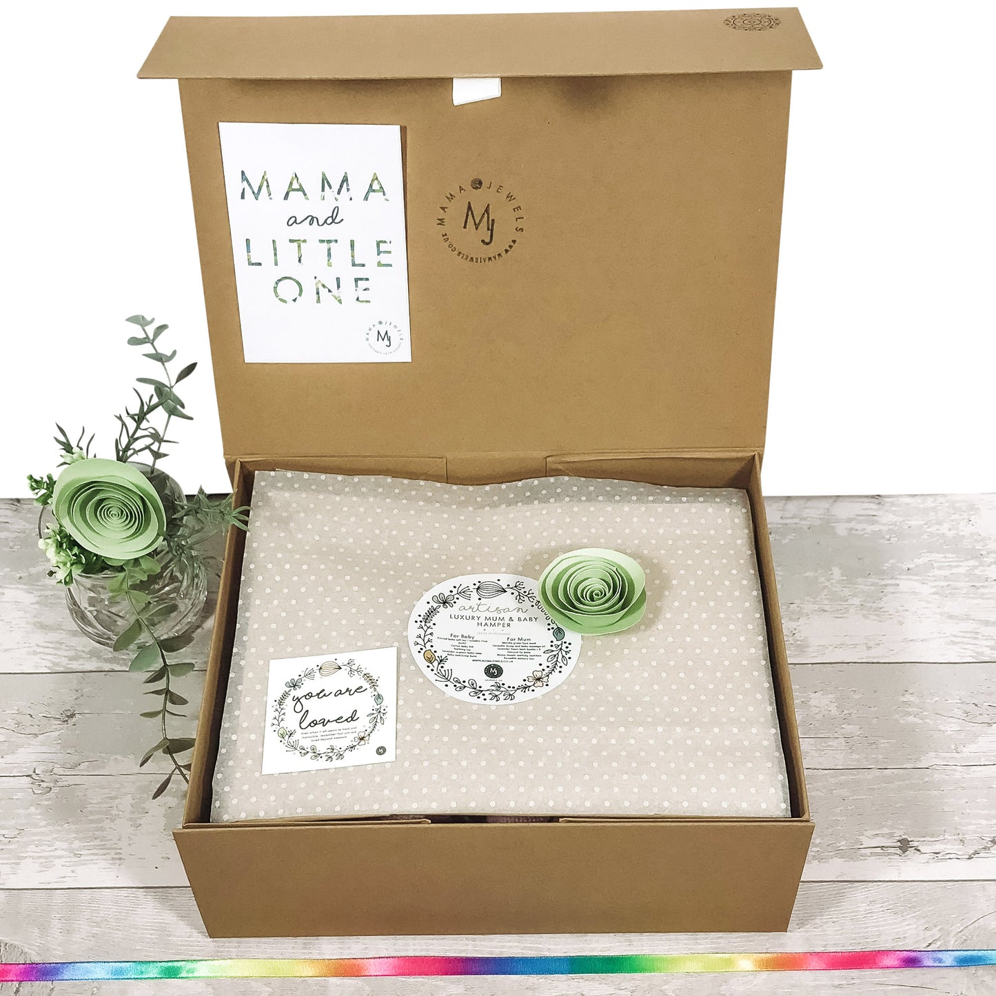 New Mum & Baby vegan Gift Basket, Newborn Baby Hamper | Rainbow dinosaur image 1