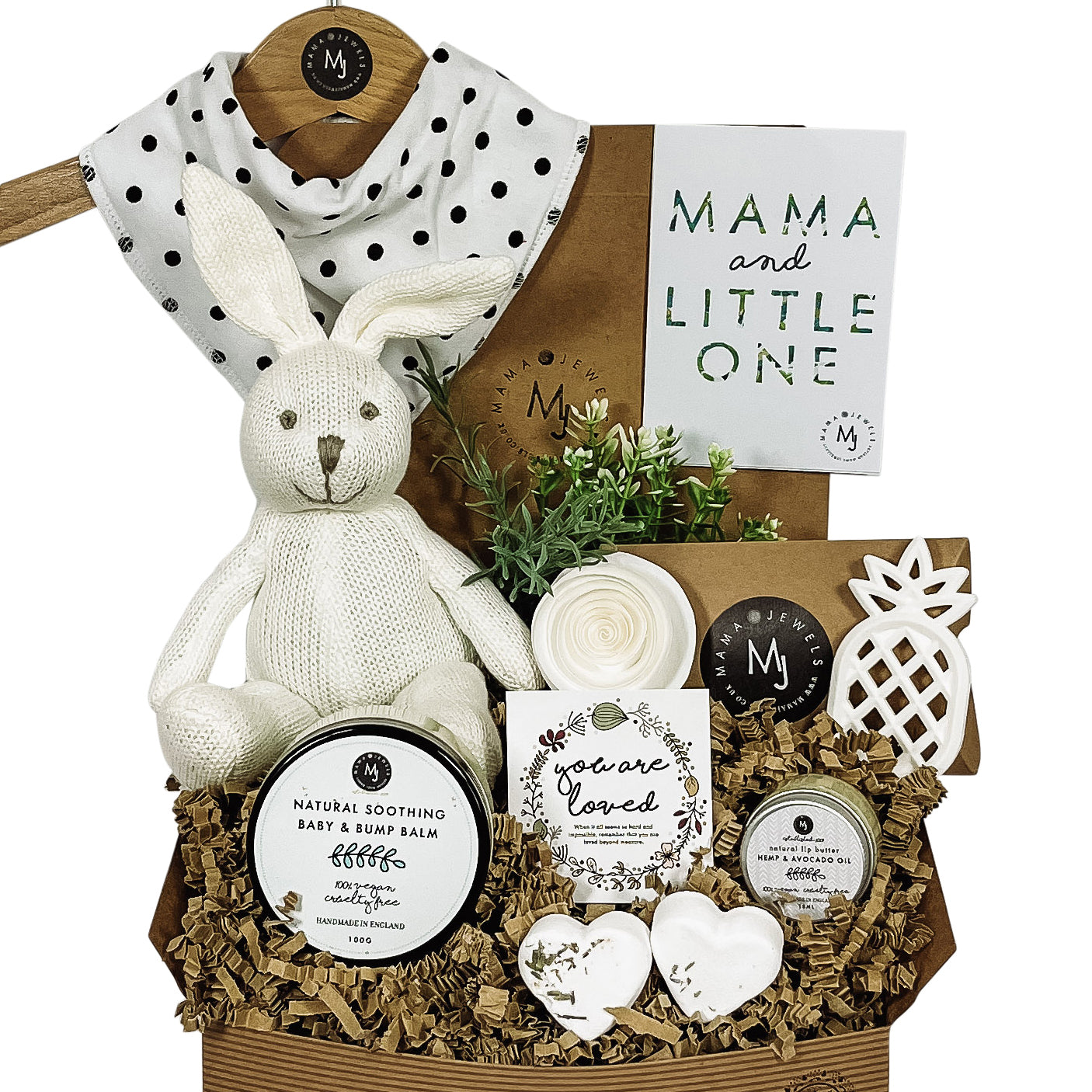 Mum and baby knitted bunny gift hamper polka dot gender neutral image 0