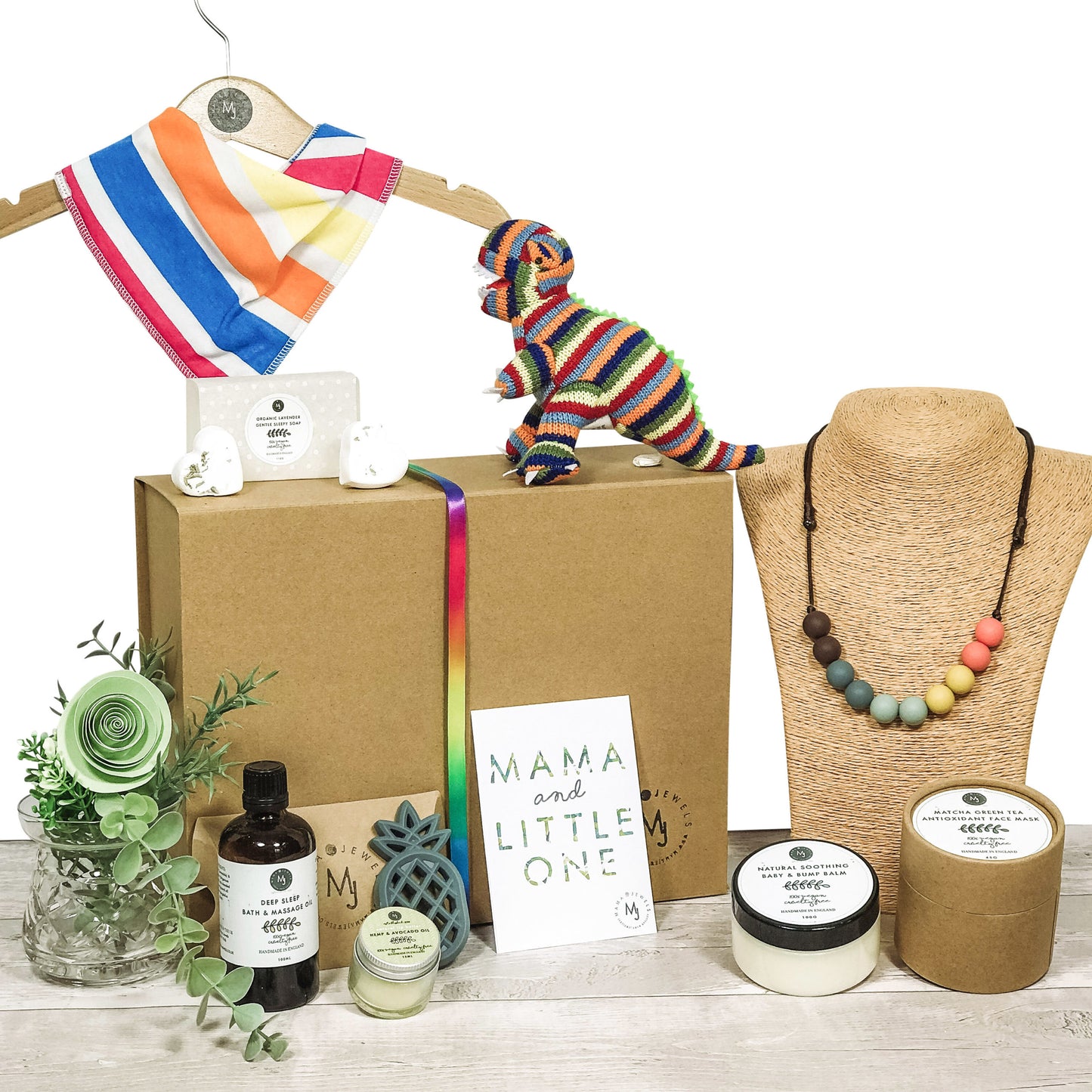 New Mum & Baby vegan Gift Basket, Newborn Baby Hamper | Rainbow dinosaur image 0