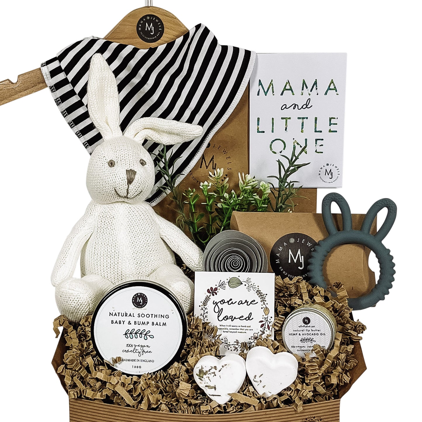 Mum and baby knitted bunny gift hamper monochrome gender neutral image 0