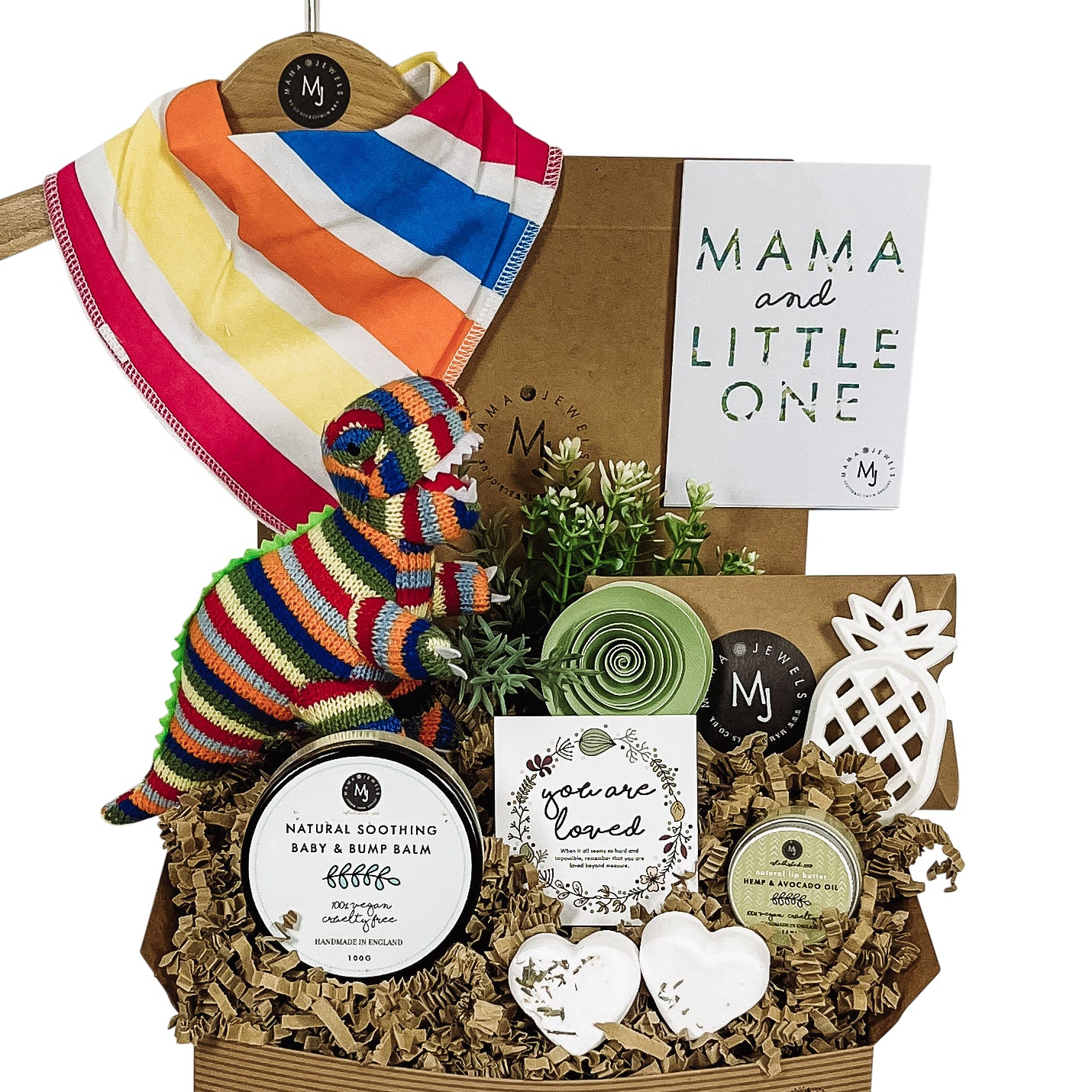 Mum and baby knitted rainbow dinosaur gift hamper gender neutral image 0