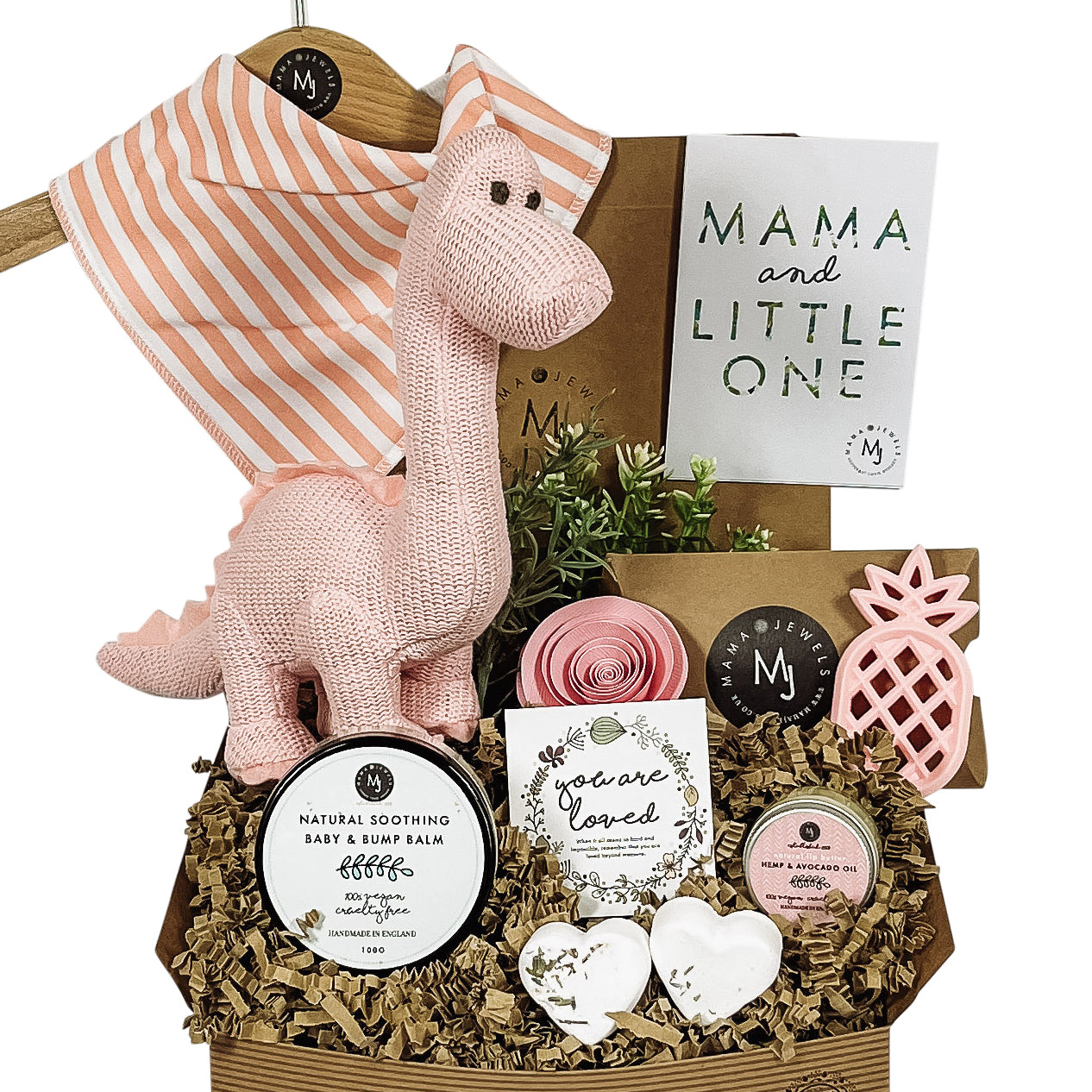 Mum and Baby gift hamper | Baby shower | knitted pink dinosaur image 0