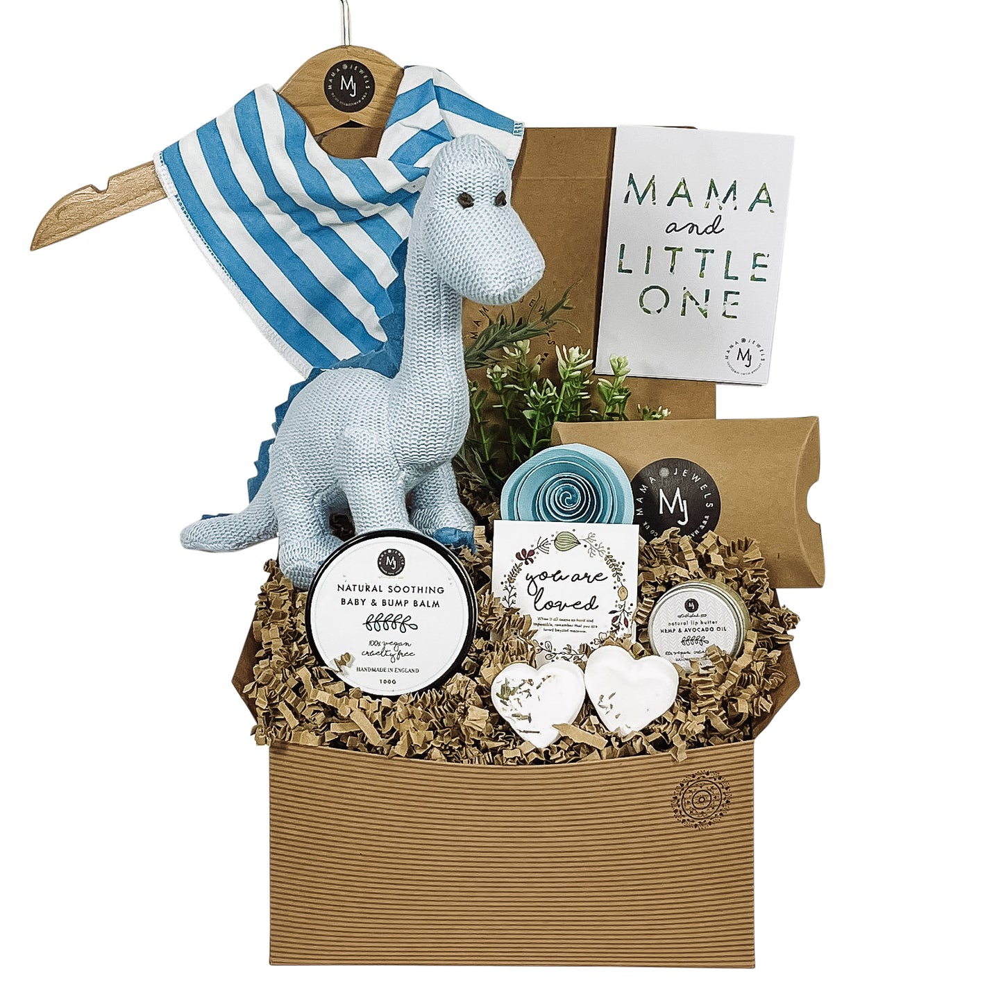 Mum and baby boy vegan gift hamper knitted blue dinosaur image 2