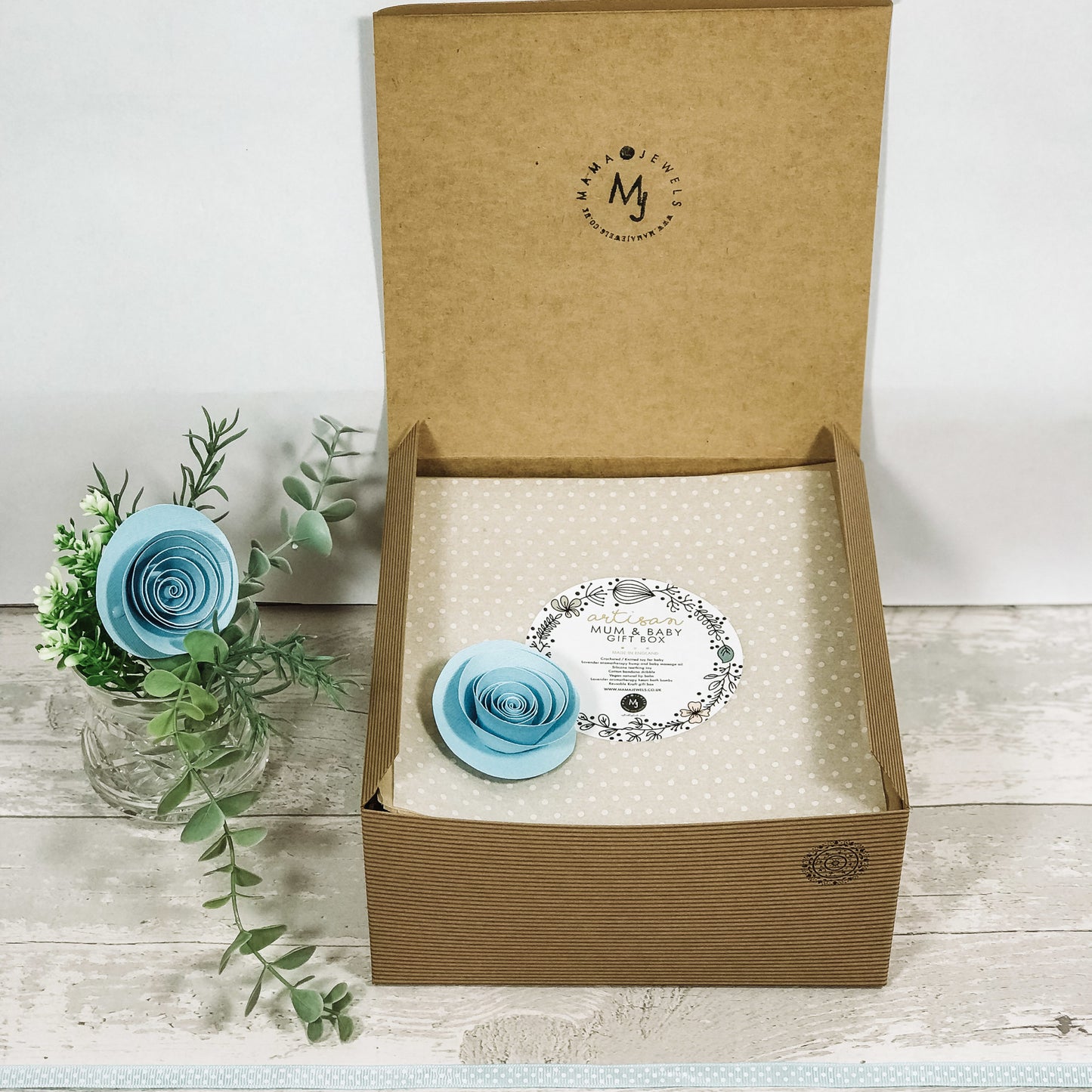 Mum and baby boy vegan gift hamper knitted blue dinosaur image 1