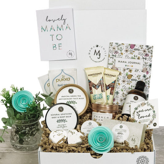 Baby shower gift Mum and boy vegan gift hamper knitted blue dinosaur