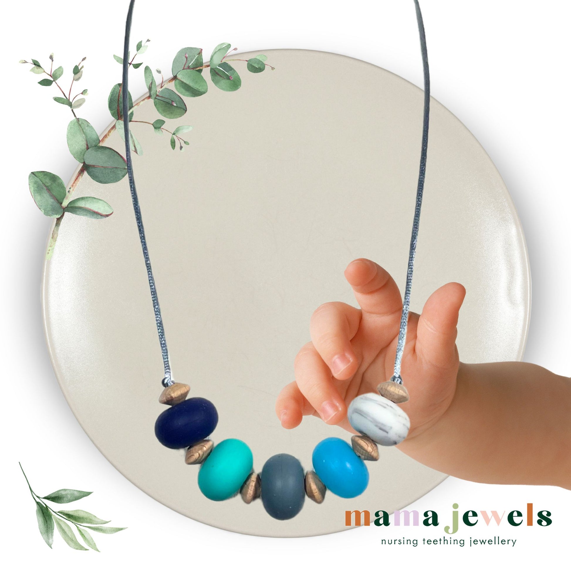 Blue Nursing teething necklace silicone beechwood Beach Pebbles