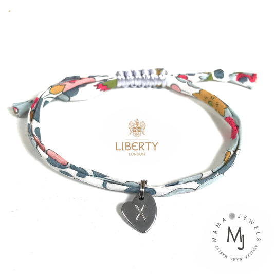 Liberty print personalised initial bracelet - Teal blue floral image 0
