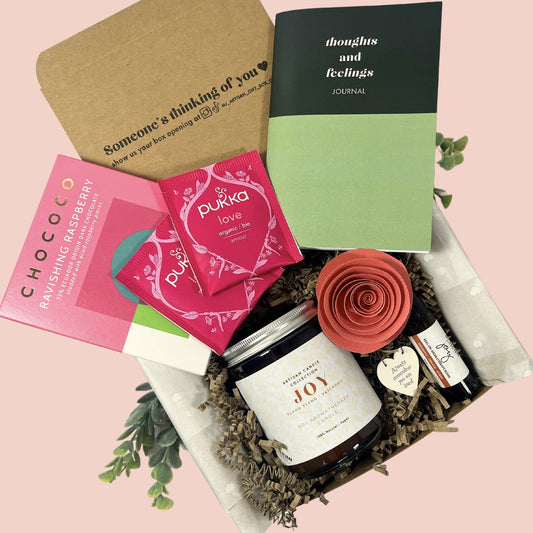 Thinking of You Gift Hamper | Hug in a Box | Joy Candle Pink with journal image 0