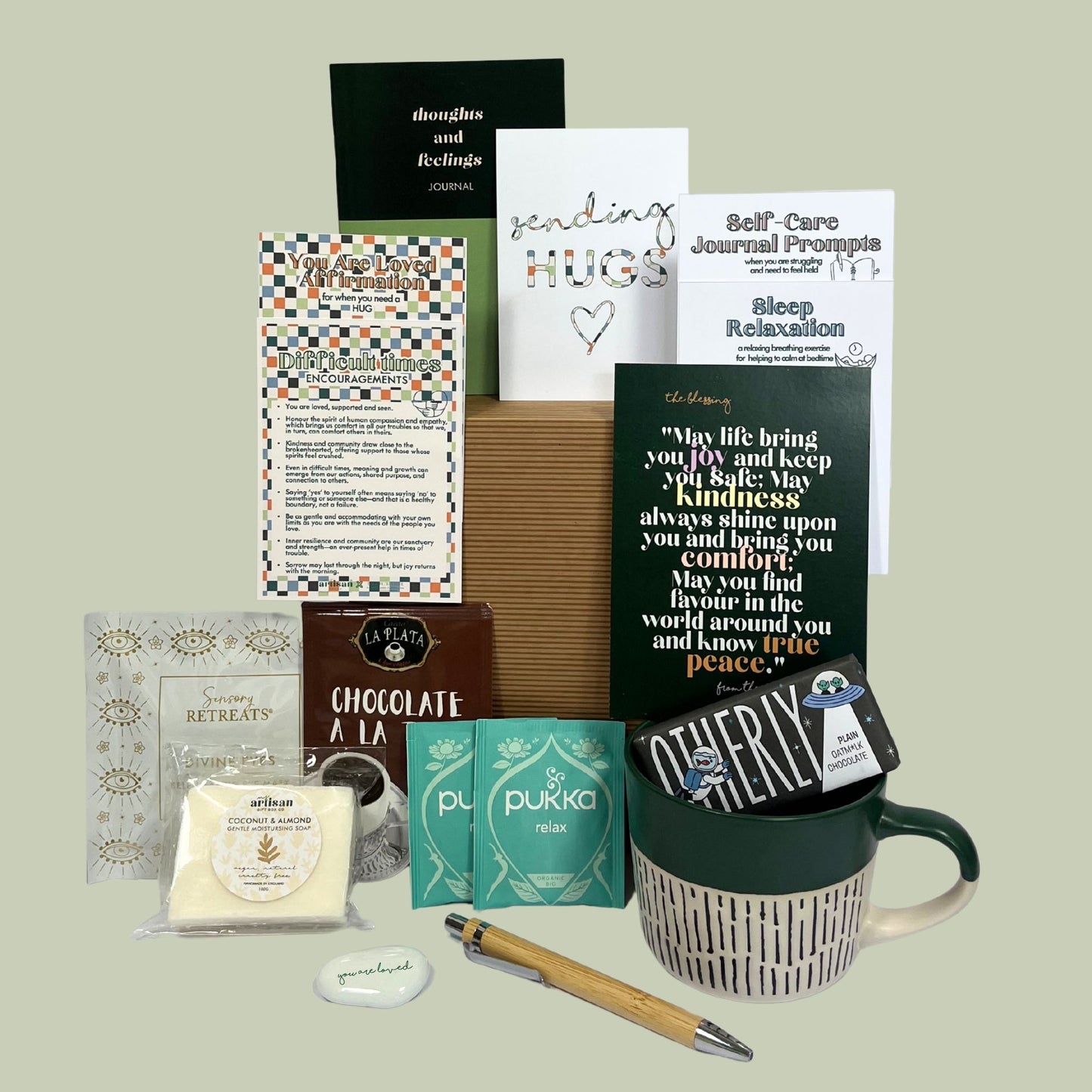 Hug in a box gift for men, care package, get well, encouragement with journal