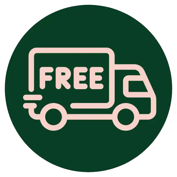 Dark green circular icon featuring a light pink outline of a delivery truck with the word ’free’ inside.