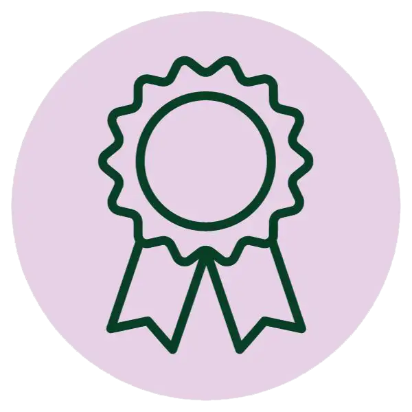 A minimalist green outline of a circular award ribbon on a soft lavender background.