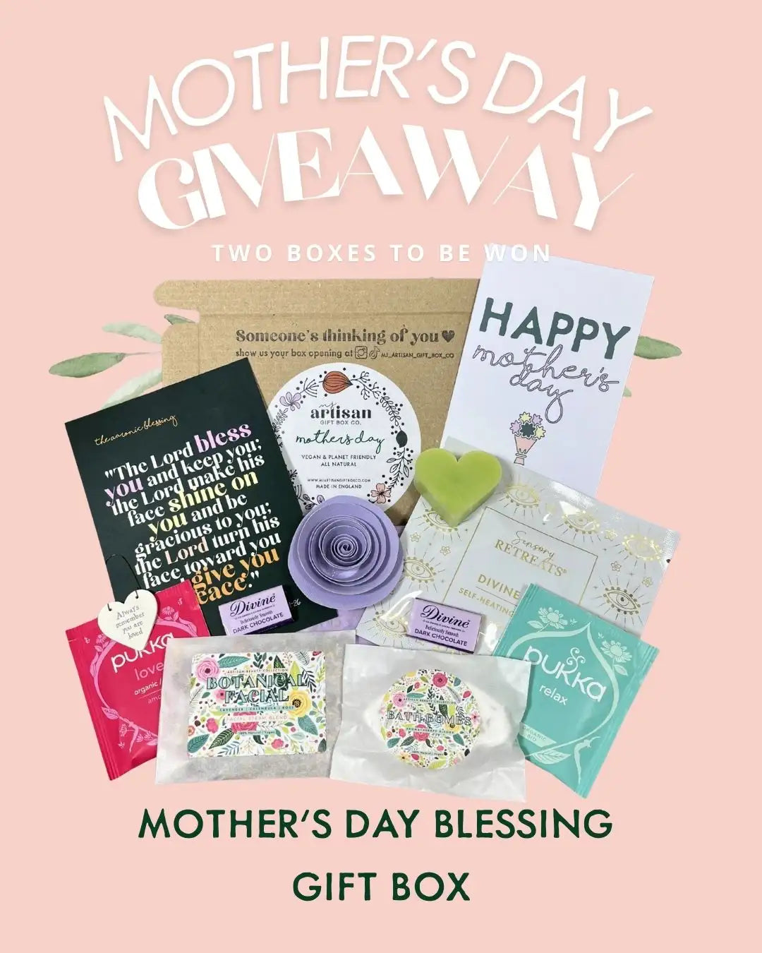 Mother’s day blessing gift box featuring a collection of assorted items including tea, candles, and decorative cards in pastel tones.