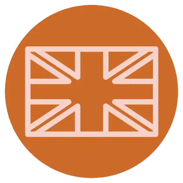 Orange circular icon featuring a white outline of the union jack flag.