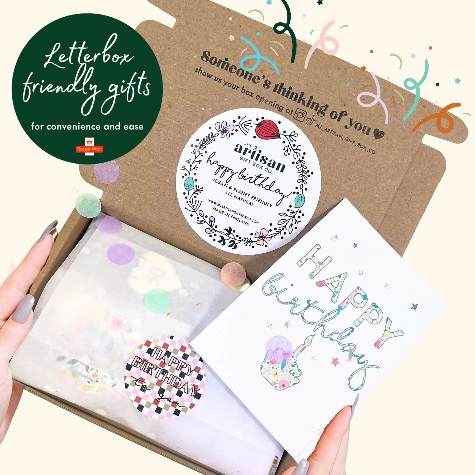 A white birthday card with colorful, floral-patterned lettering and a watercolor illustration of a watering can.